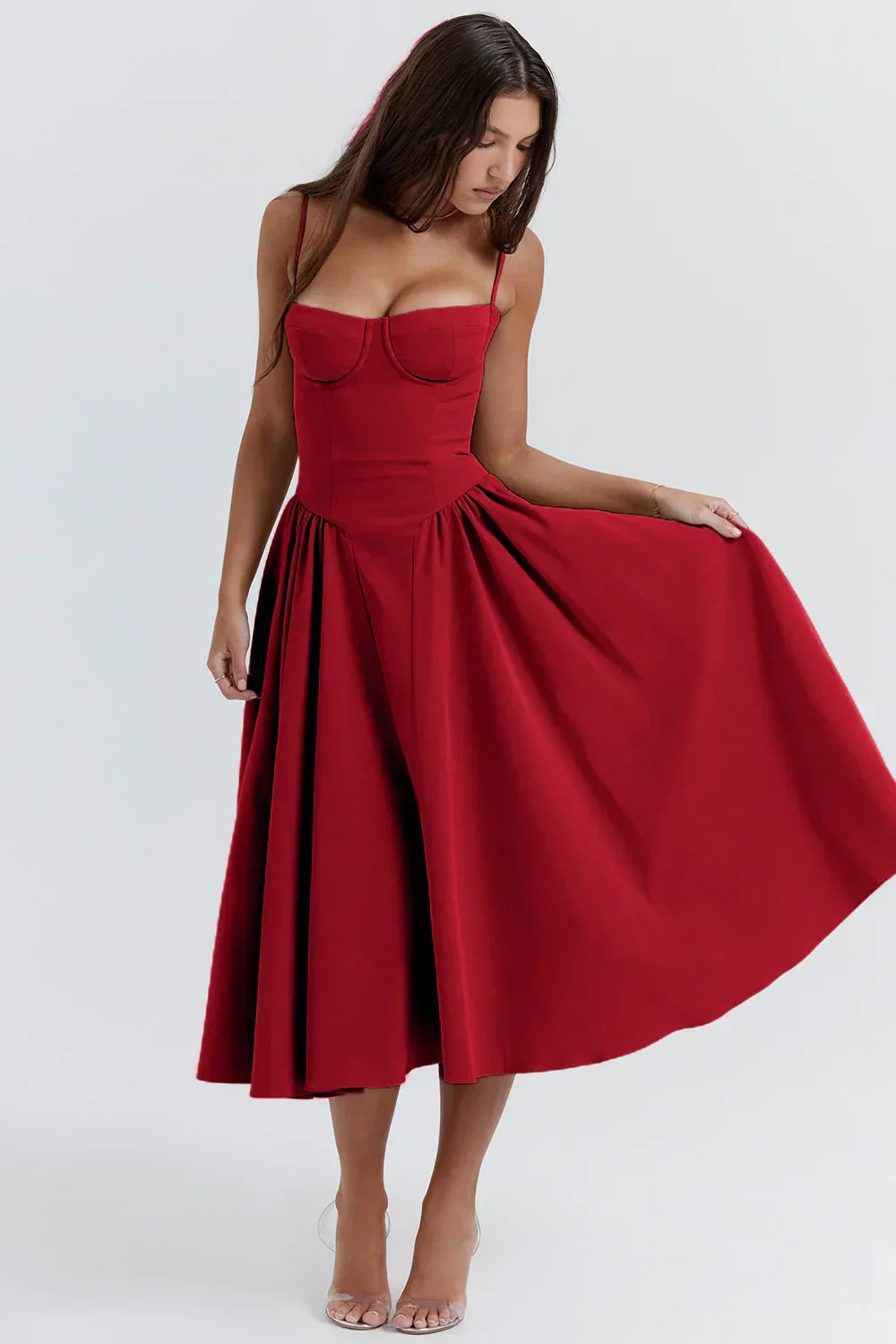 Women's Midi Dress – Pleated Skirt, Structured Bodice, Pockets-83506-3bb099d9-b45a-44df-a19a-7ab32cfe251f