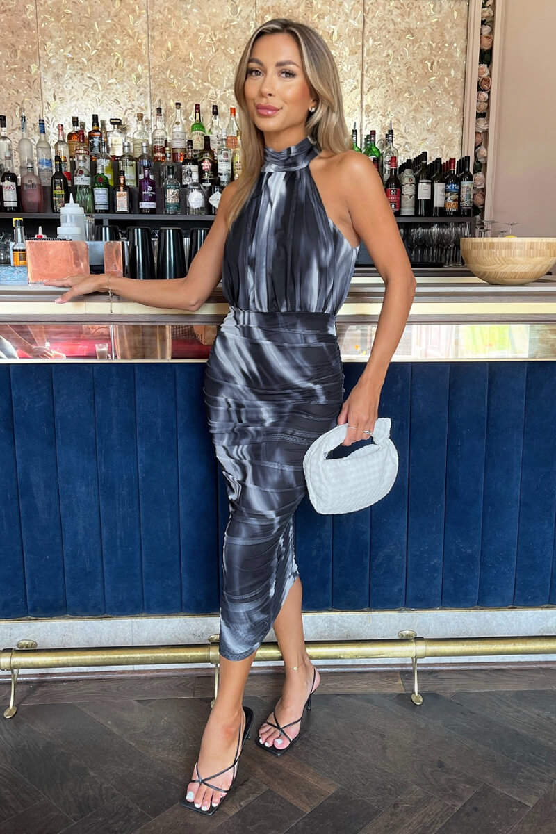 Halter Midi Dress - Fitted Waist, Side Slit