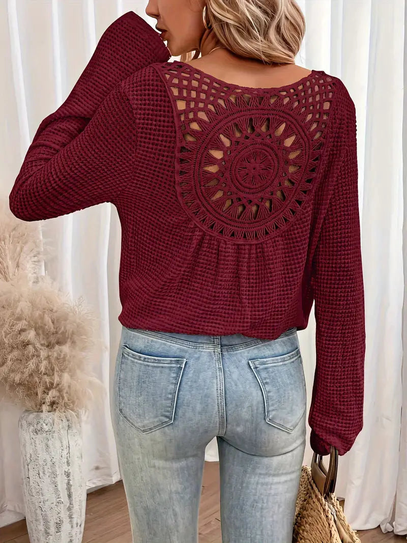 Waffle Knit Top - Open Crochet Back Detail