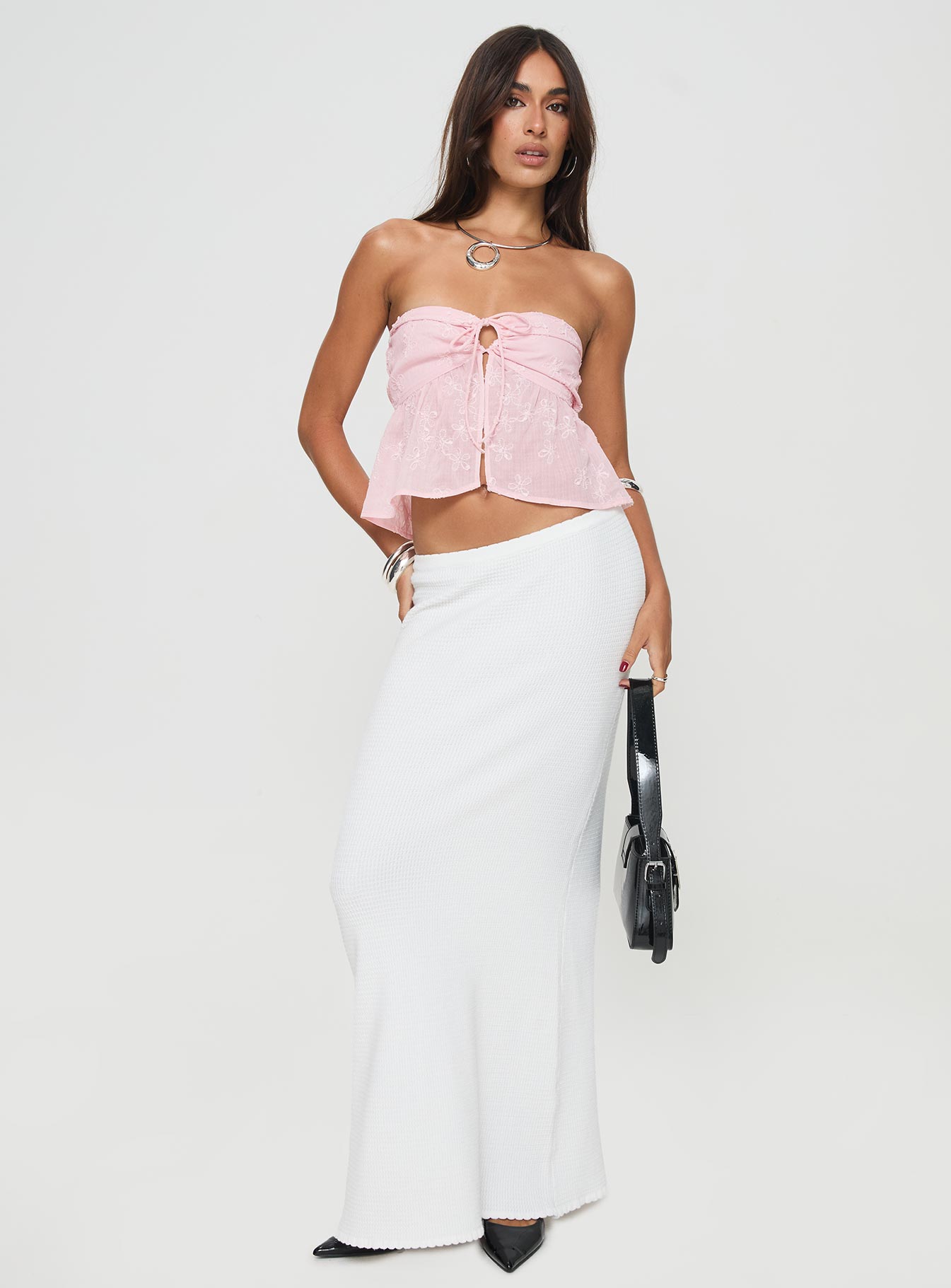 Floral Embroidered Strapless Tie Top