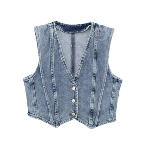Structured Denim Vest with V-Neck Detail