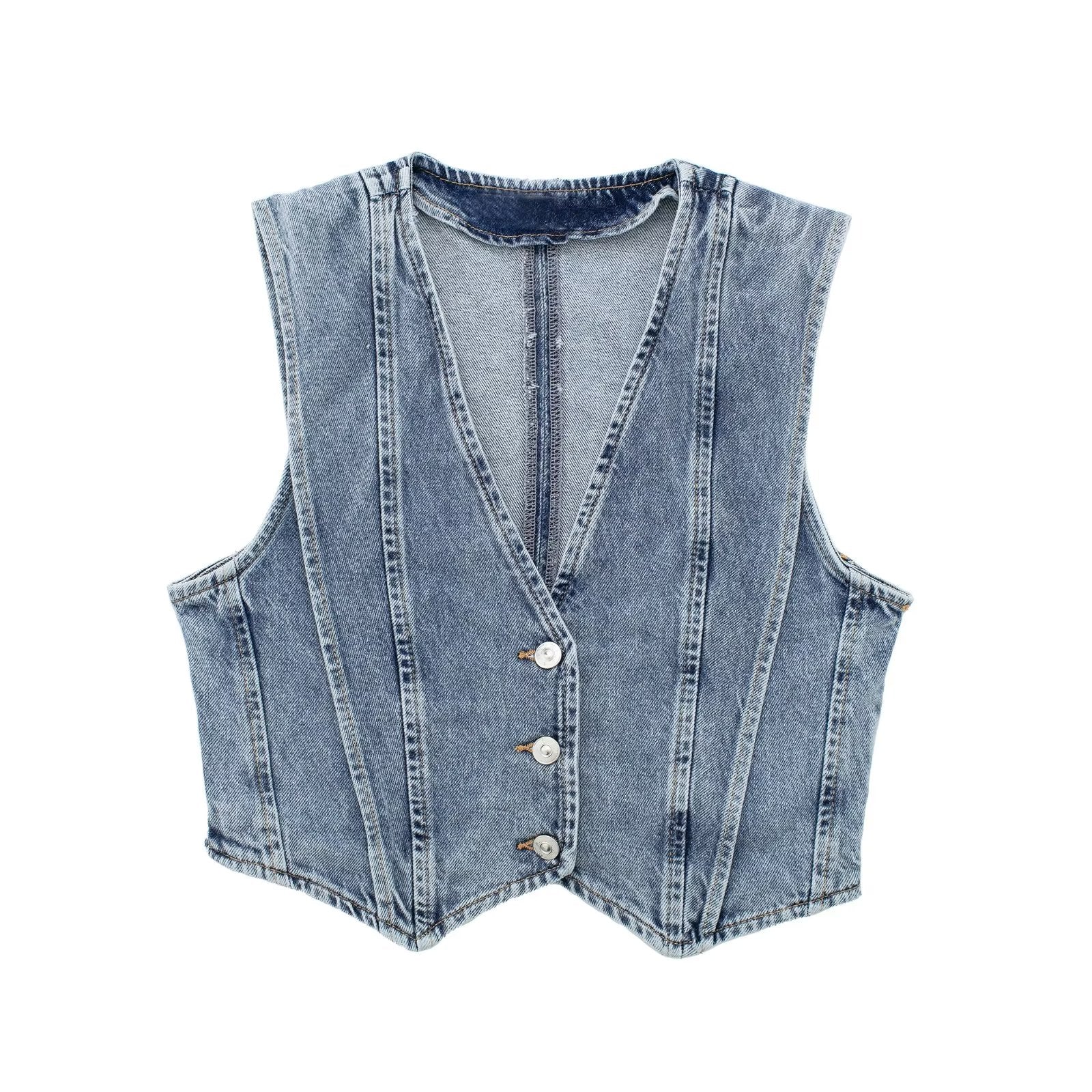 Structured Denim Vest with V-Neck Detail