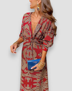 Women's Printed V-Neck Long Sleeve Dress with Knot Waist Detail-83293-3db0d1cf-bdaa-4a3e-a226-05625cfaa32d