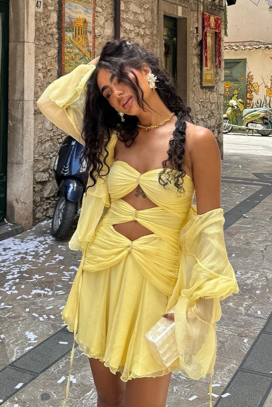 Women's Yellow Cutout Midi Dress – Sheer Sleeves, Flowy Fabric-83601-3ecfc962-45ac-42f5-83ea-b9f45baefe93