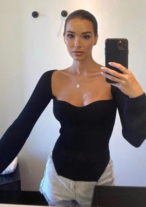 Ribbed Knit Top - Asymmetrical Hem, Long Sleeve