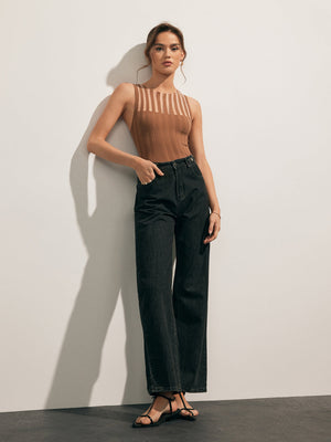 Ribbed Knit Top - Sheer Stripe Sleeveless Design