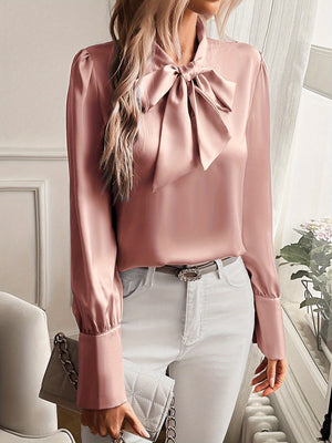 Bow Neckline Blouse with Cuffed Sleeves