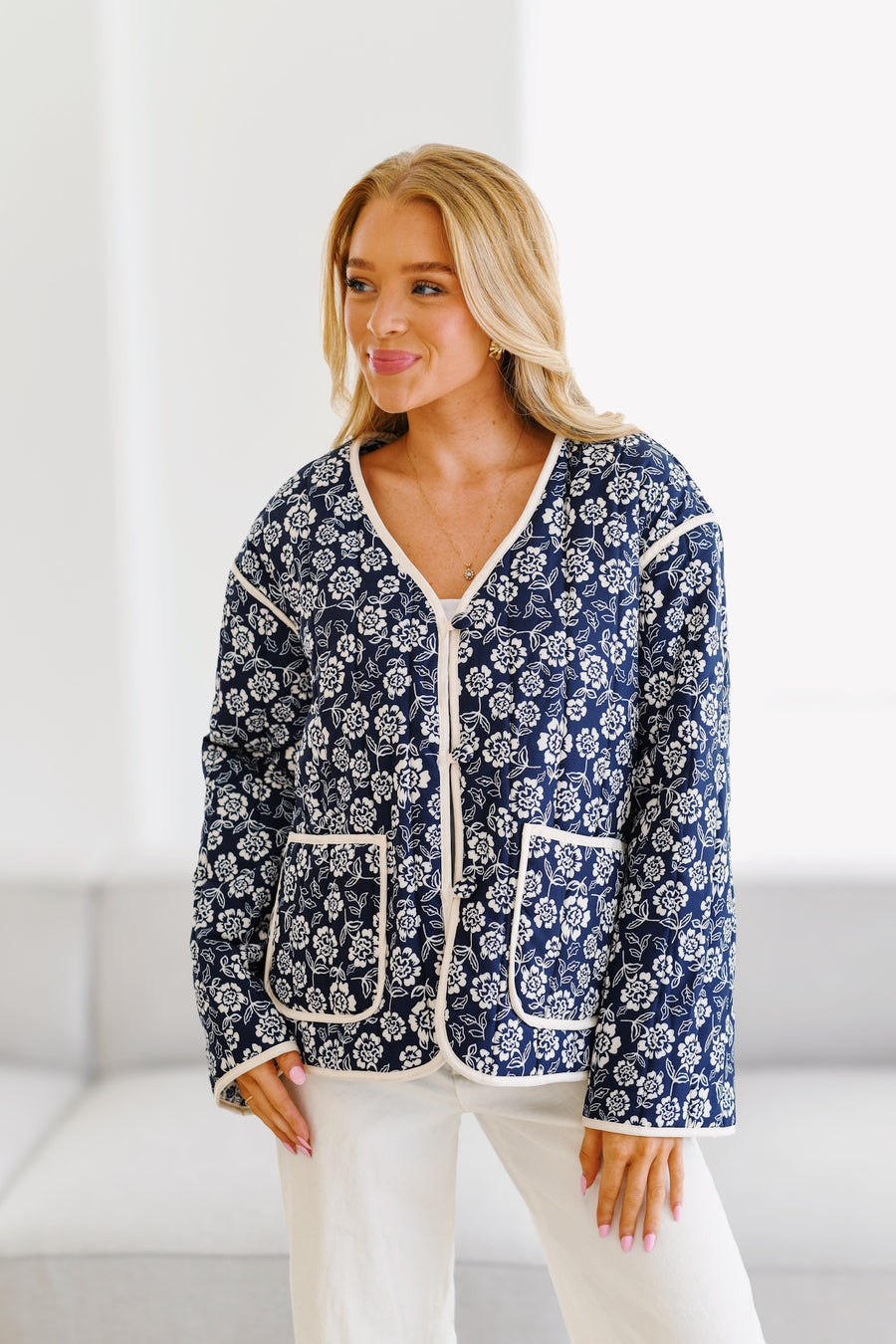 Floral Print V-Neck Jacket with Piping