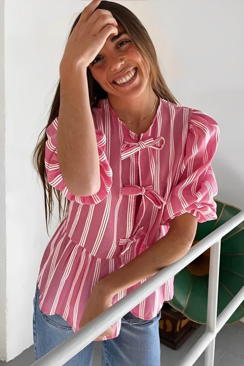 Basicfold Women's Pink White Striped Blouse with Bow Detail, Short Sleeve-83300-422cd29c-5c29-4809-bb38-7076bec47aca