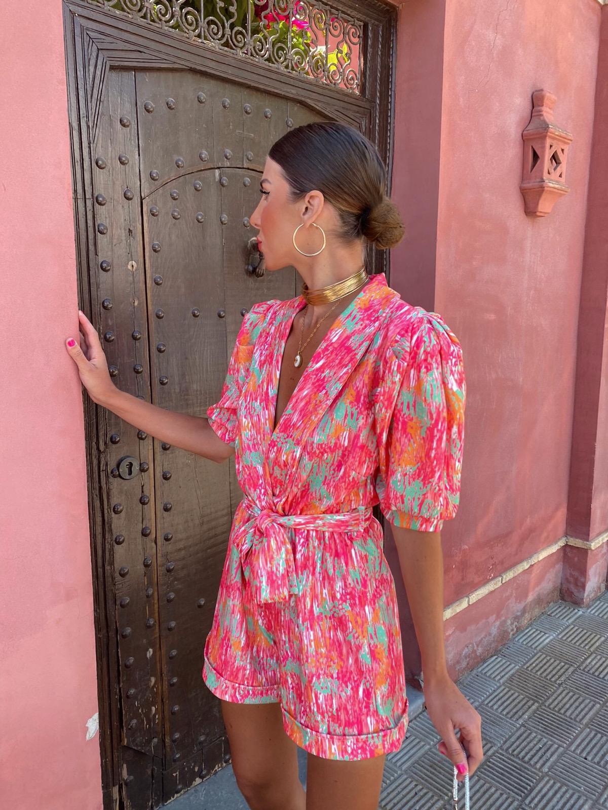Abstract Print Wrap Romper with Belt