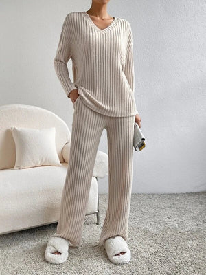 Ribbed Knit Loungewear Set - V-Neck and Wide Leg