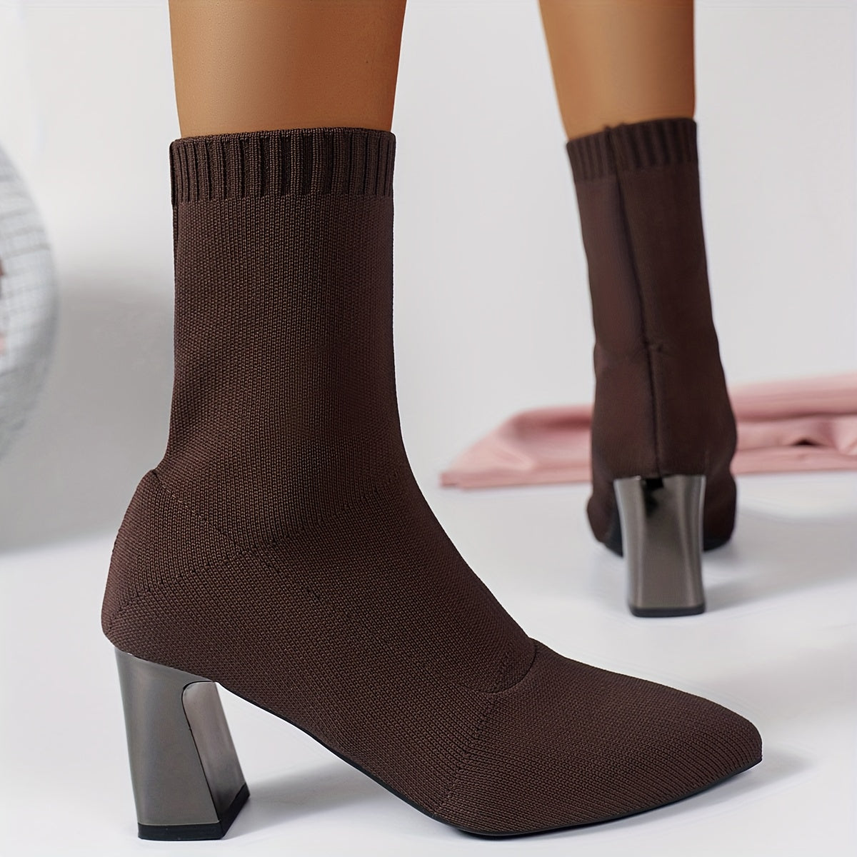Knit Ankle Boots with Geometric Heel