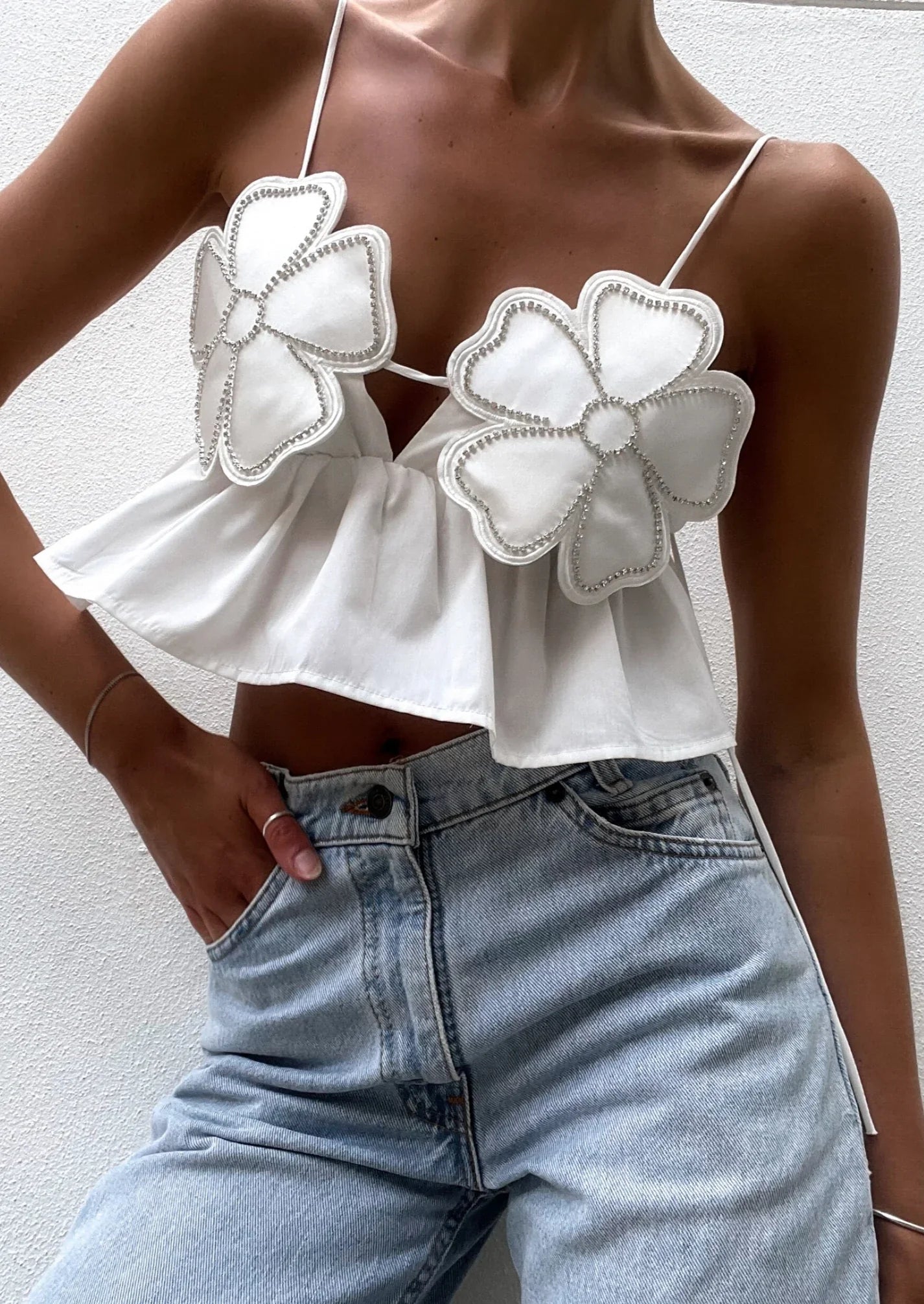 Floral Appliqué Halter Top with Peplum