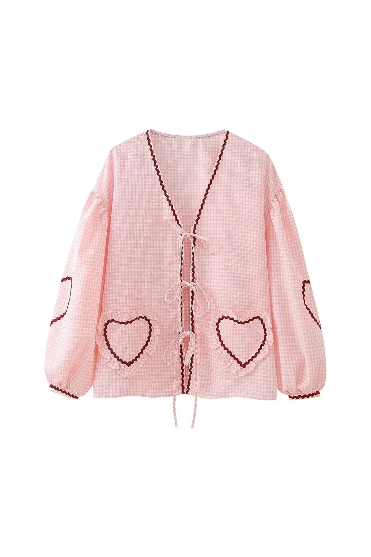 Women's Gingham Blouse – Heart-Shaped Pockets, Red Trim, Tie-Front, Long Sleeve-83307-44fea038-c94b-4511-85d5-4330bcb914c1