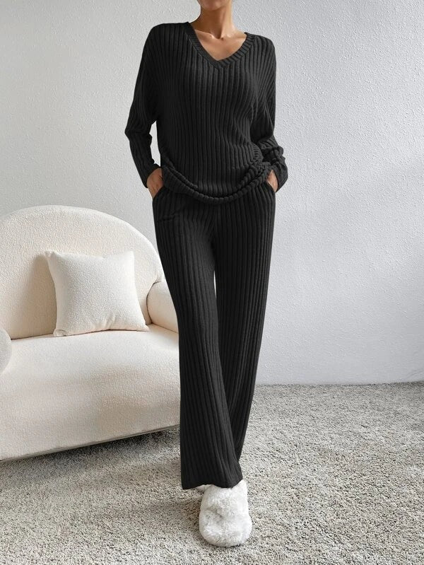Ribbed Knit Loungewear Set - V-Neck and Wide Leg