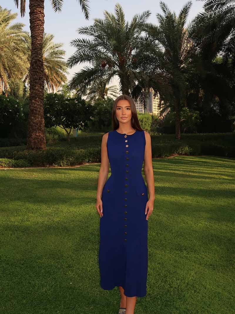 Ribbed Knit Midi Dress with Gold Buttons