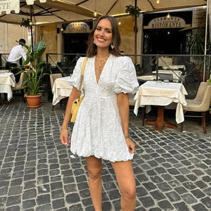 Women's White Embroidered V-Neck Short-Sleeve Dress, Feminine Summer Style-83645-4ab8d485-5c25-4620-9801-70de7003235e