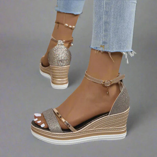 Women's Glitter Wedge Sandals with Platform Sole & Adjustable Ankle Strap - Comfortable Open Toe Footwear for Glamorous Occasions-83231-4bc09d8d-c282-4921-aecd-536fb7fb3268