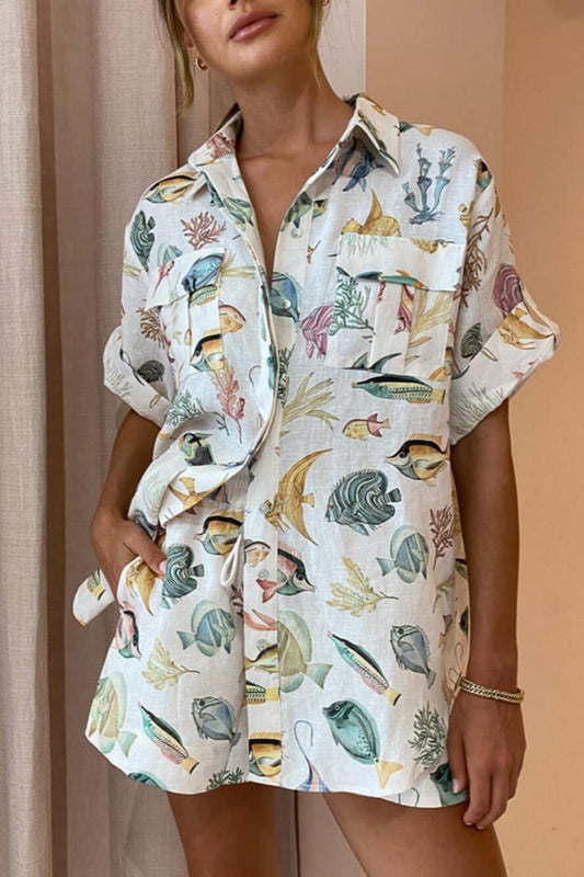Fish Print Linen Shirt & Shorts Set