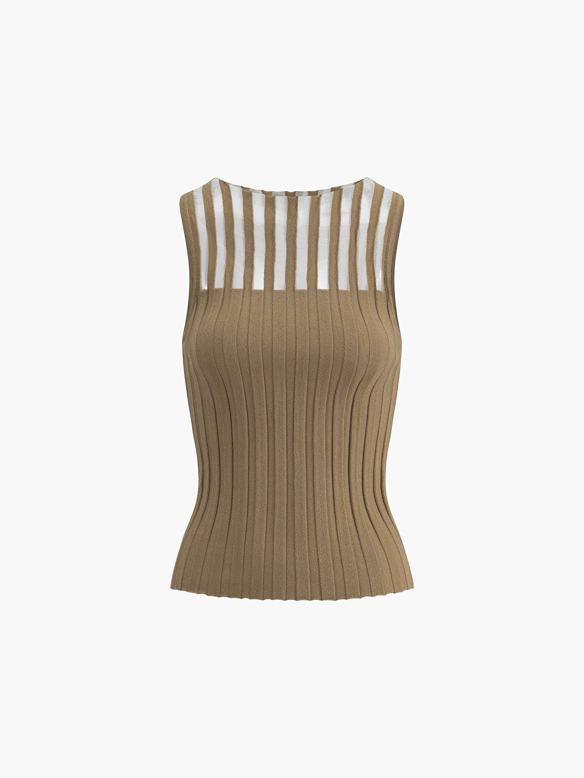 Ribbed Knit Top - Sheer Stripe Sleeveless Design