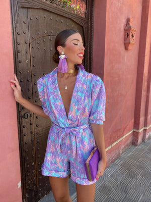 Abstract Print Wrap Romper with Belt