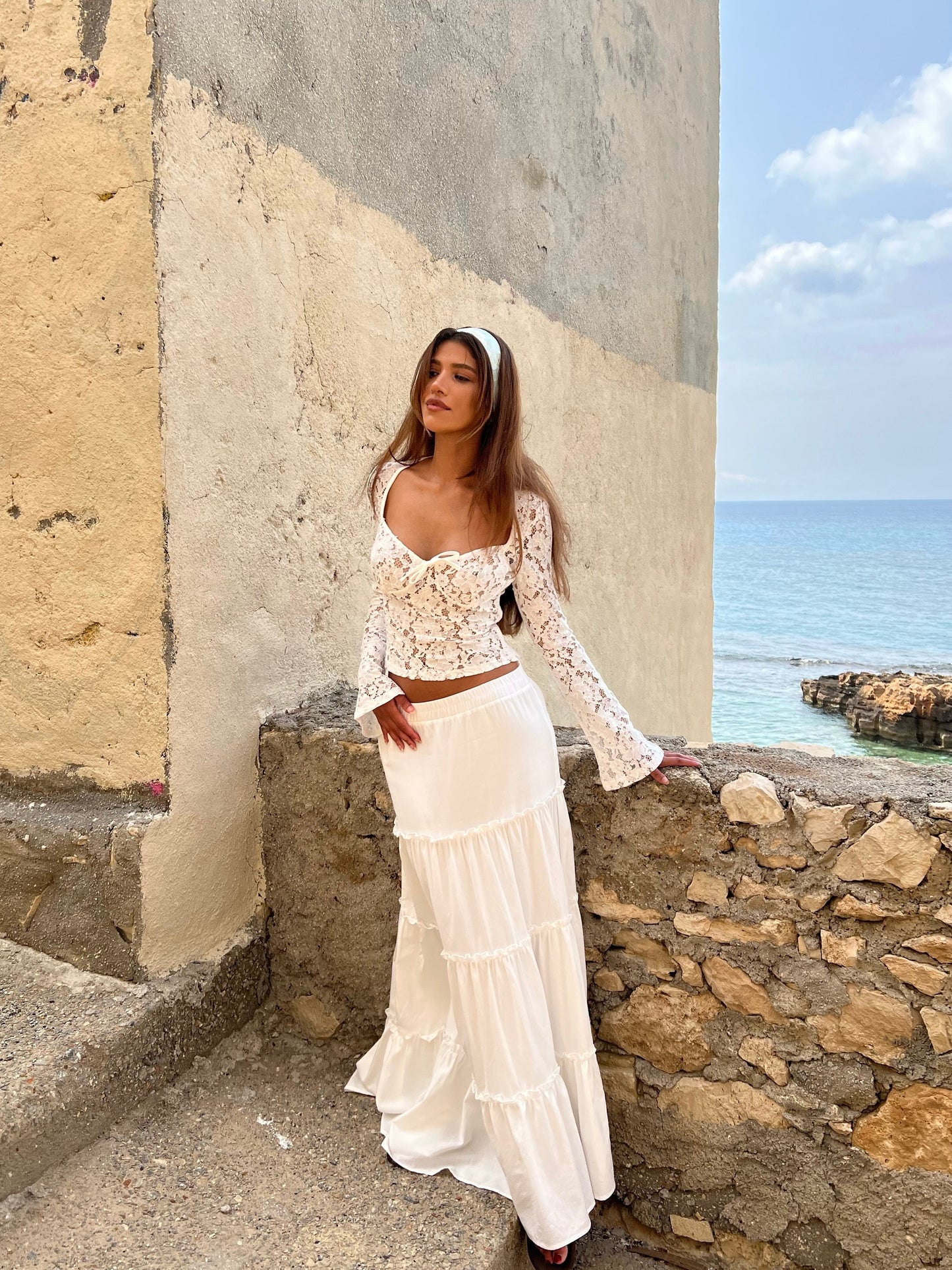 Lace Two-Piece Set - Flared Sleeves, Tiered Skirt