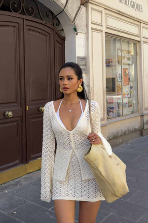 Open-Weave Knit Cardigan Mini Skirt Set