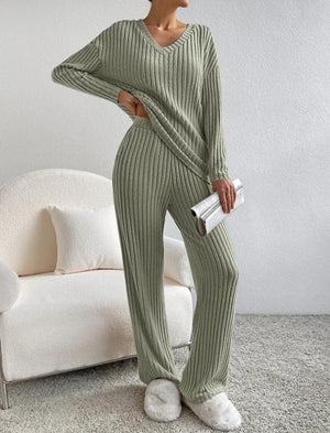 Ribbed Knit Loungewear Set - V-Neck and Wide Leg