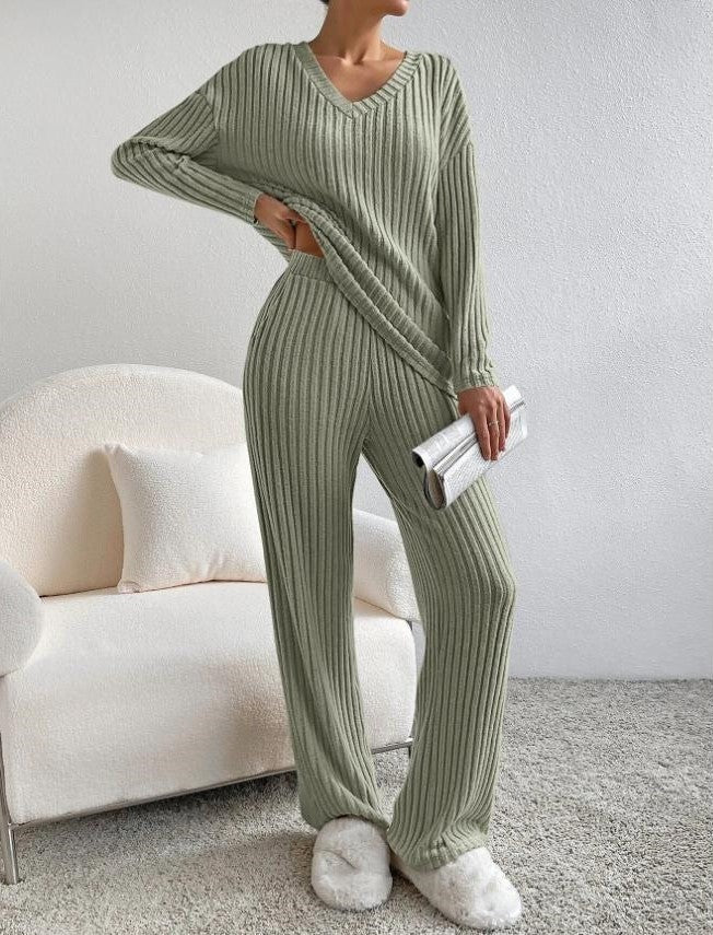 Ribbed Knit Loungewear Set - V-Neck and Wide Leg