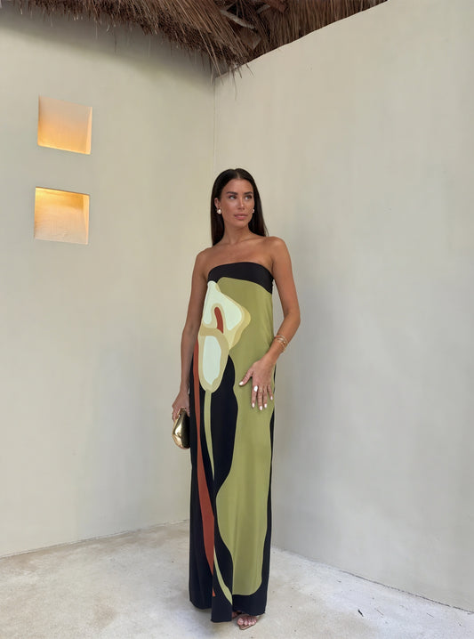 Abstract Print Strapless Floor-Length Dress