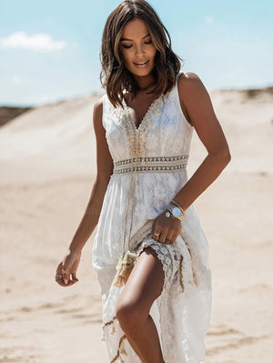 Lace Trim Midi Dress - Flowing Skirt