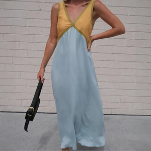 Color Block Midi Dress - Sleeveless V-Neck