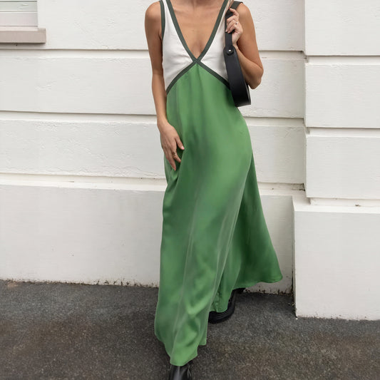 Color Block Midi Dress - Sleeveless V-Neck