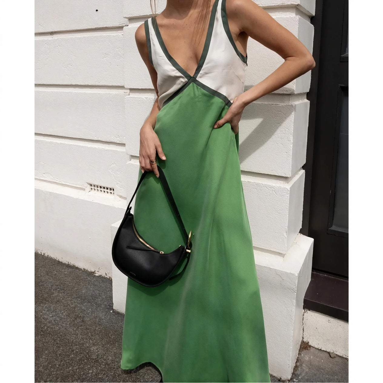 Color Block Midi Dress - Sleeveless V-Neck