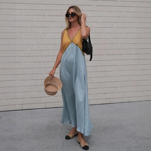 Color Block Midi Dress - Sleeveless V-Neck