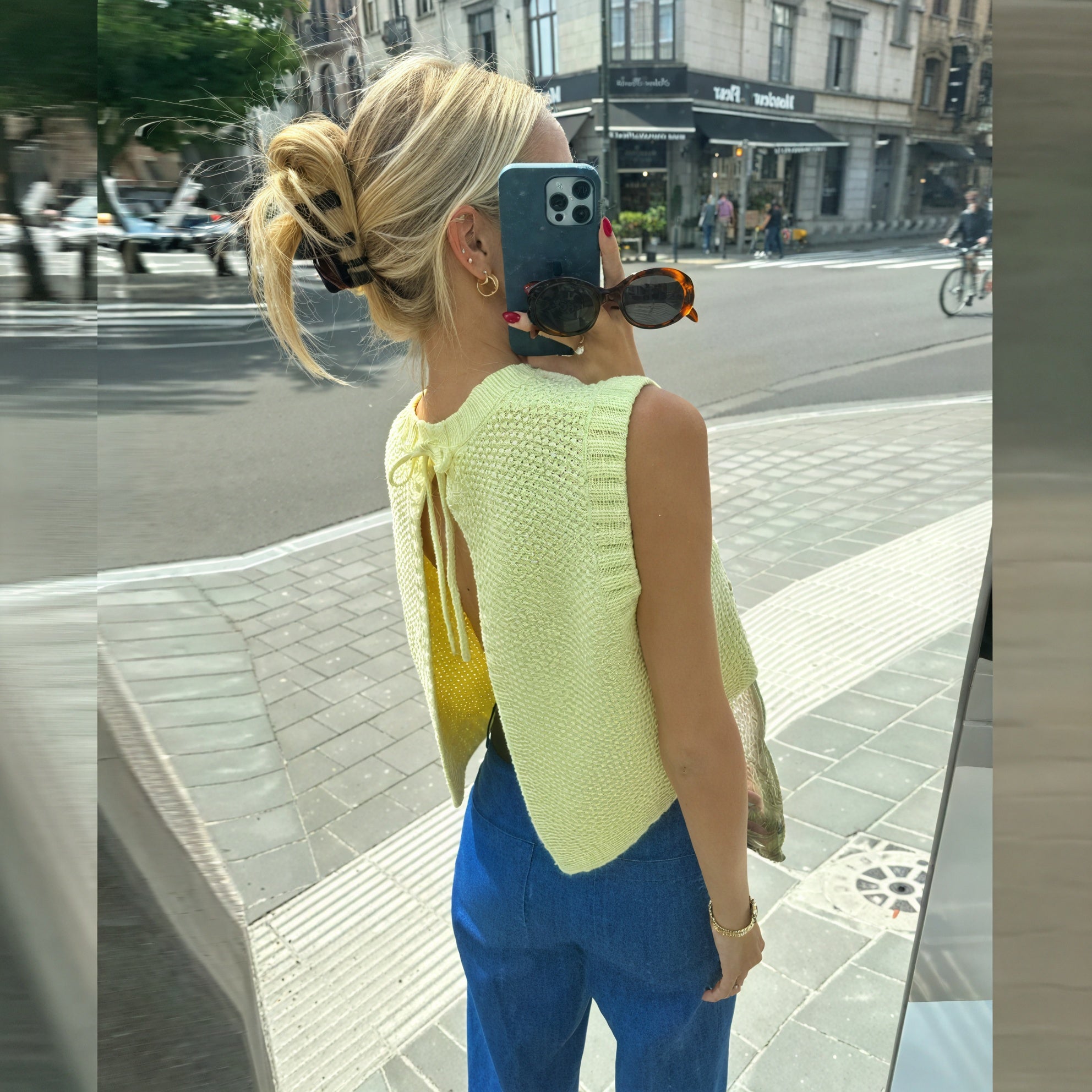 Open Back Knit Top with Tie - Yellow Sleeveless Top