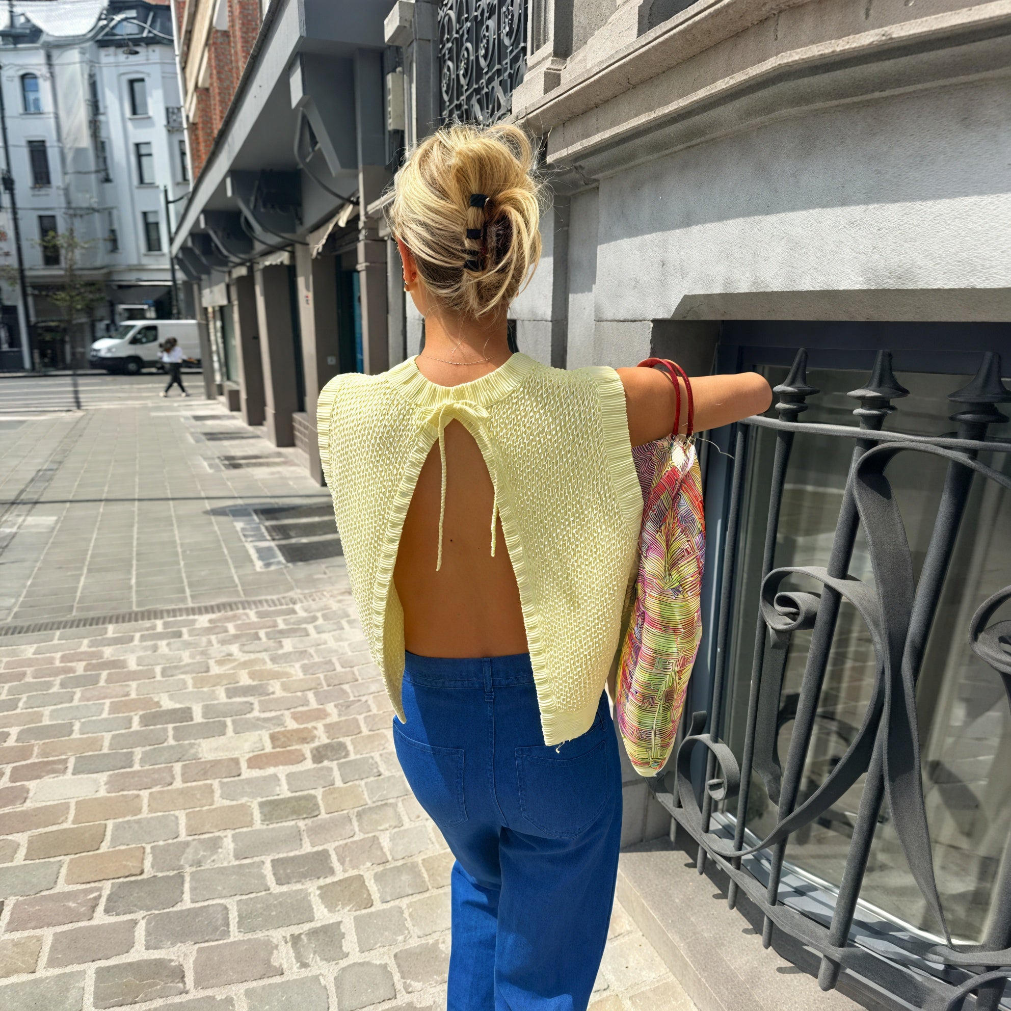 Open Back Knit Top with Tie - Yellow Sleeveless Top