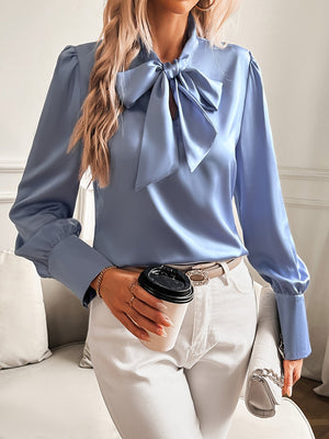 Bow Neckline Blouse with Cuffed Sleeves