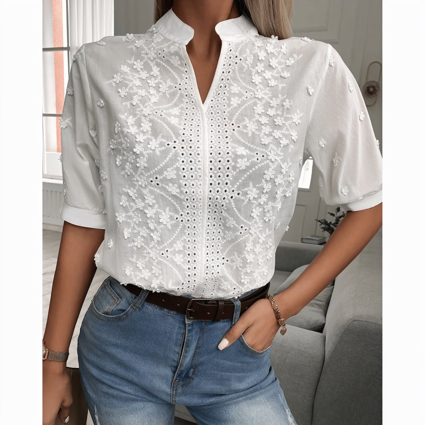 Embroidered Eyelet Blouse with Zipper