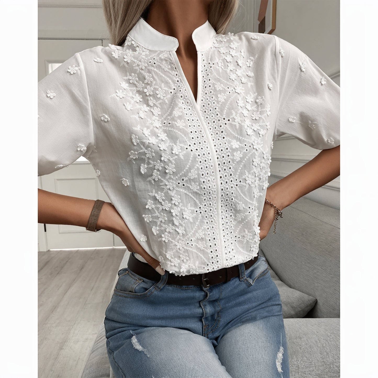 Embroidered Eyelet Blouse with Zipper