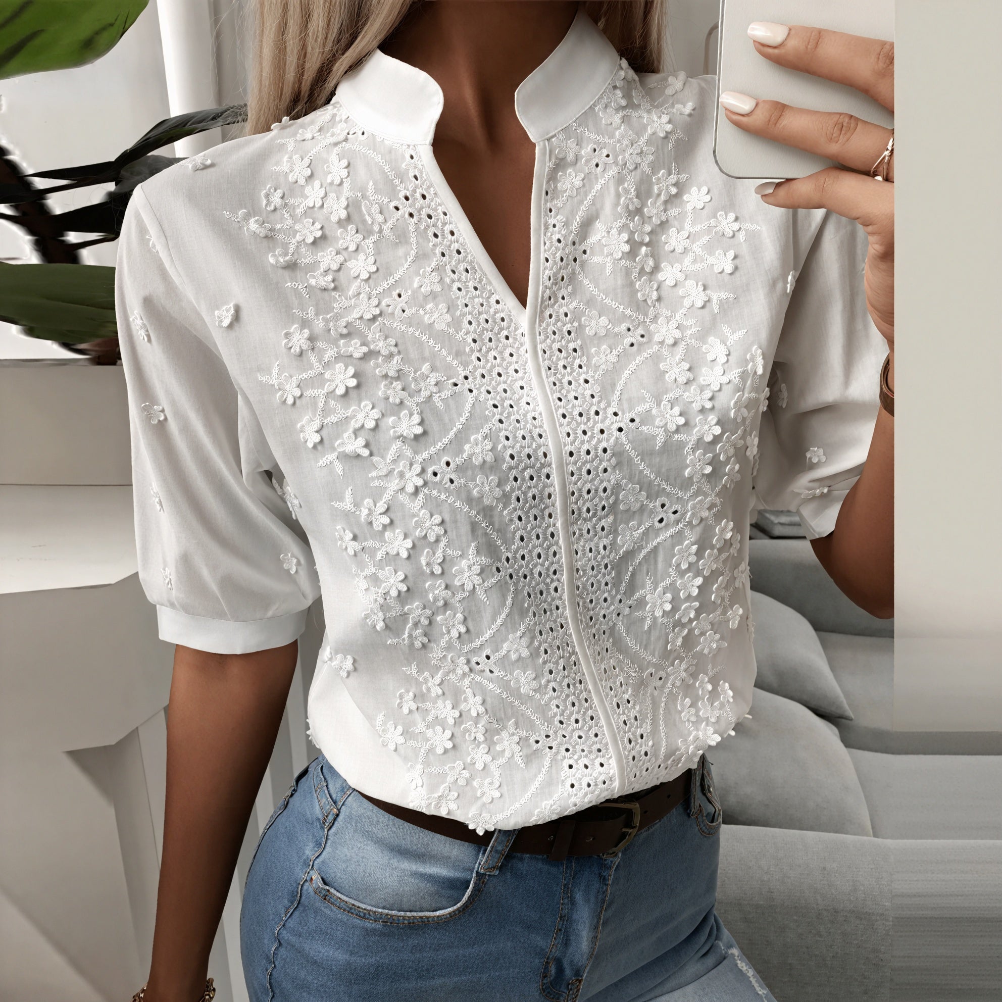 Embroidered Eyelet Blouse with Zipper
