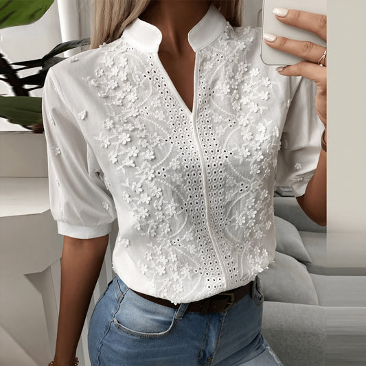 Embroidered Eyelet Blouse with Zipper