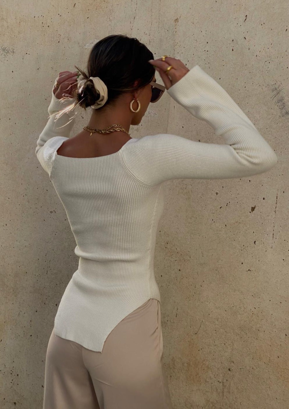 Ribbed Knit Top - Asymmetrical Hem, Long Sleeve