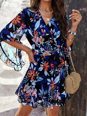 Floral Wrap Mini Dress - Ruffle Hem and Bell Sleeves