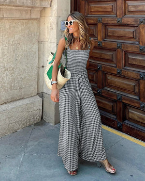 Gingham Jumpsuit - Smocked Wide Leg Design