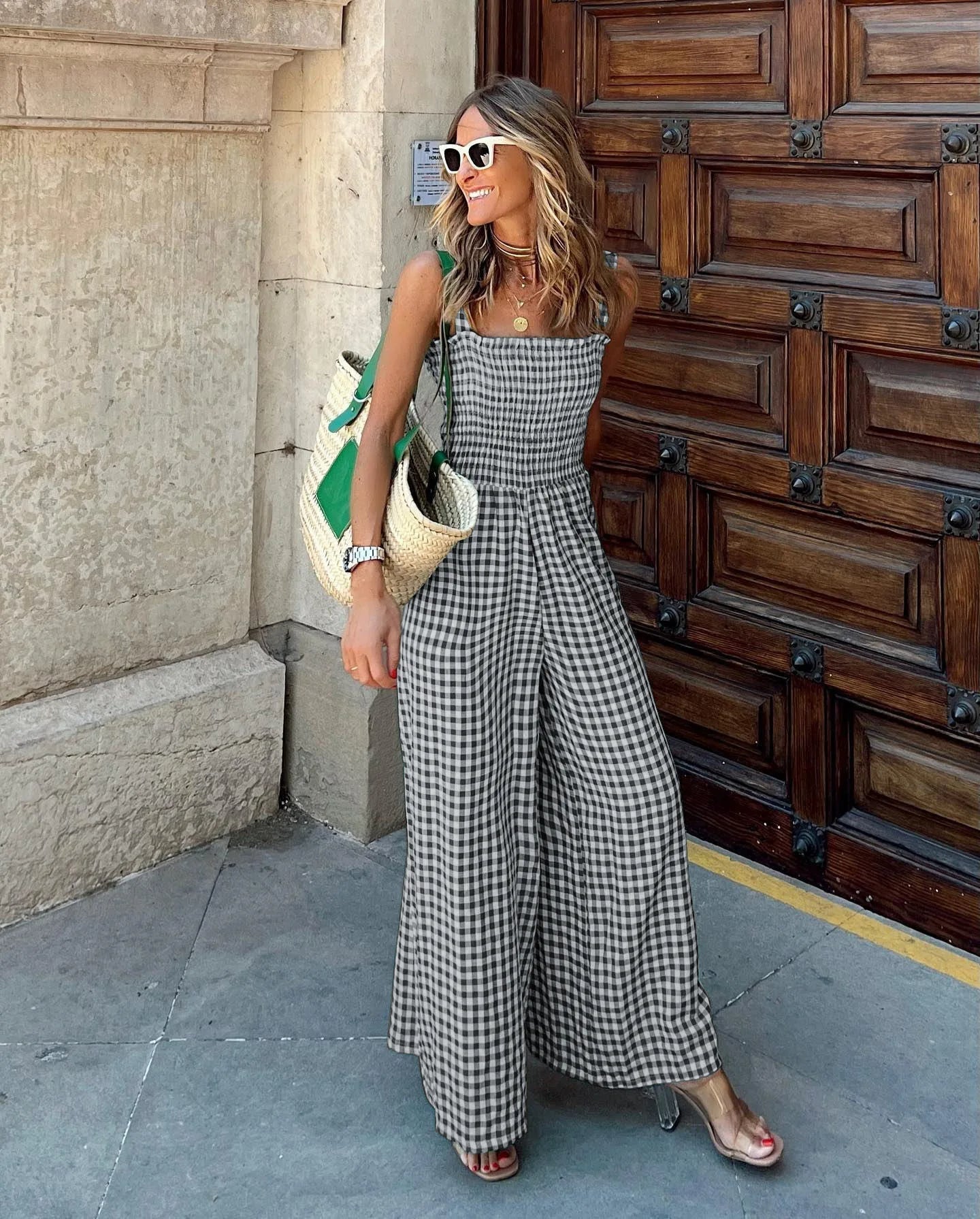 Gingham Jumpsuit - Smocked Wide Leg Design