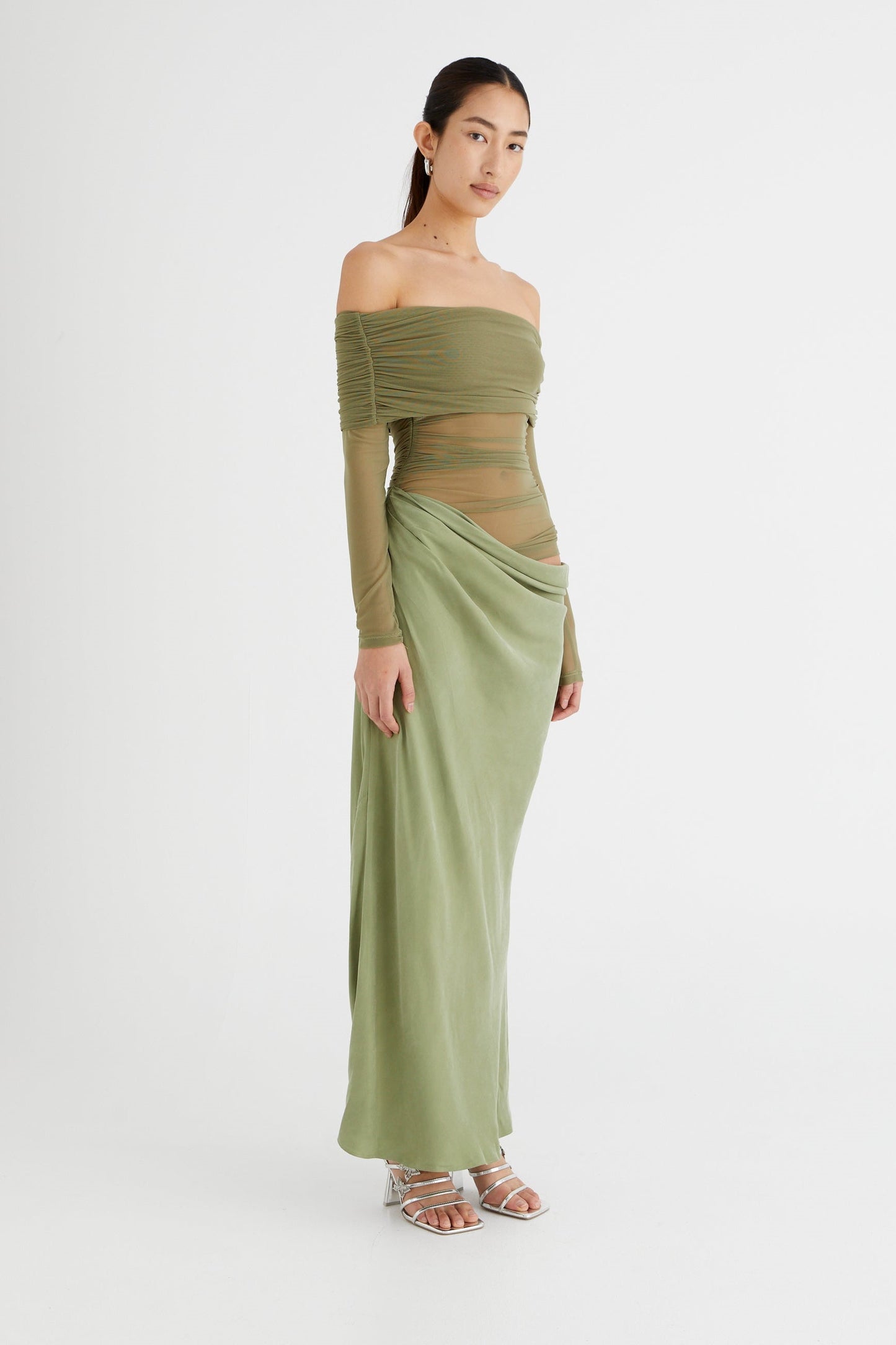 Sheer Sleeve Draped Skirt Occasion Gown