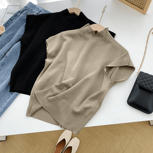 Knit Mock Neck Top – Relaxed Fit, Short Sleeve