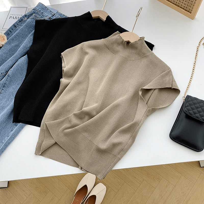 Knit Mock Neck Top – Relaxed Fit, Short Sleeve