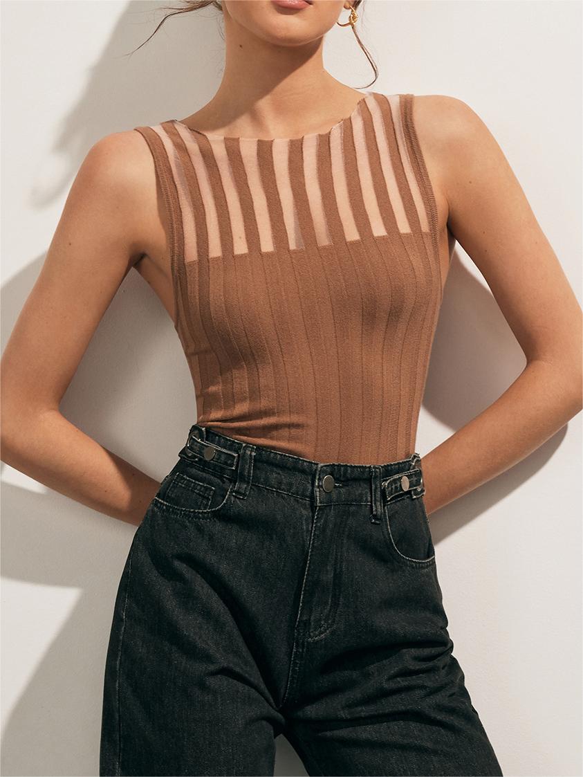 Ribbed Knit Top - Sheer Stripe Sleeveless Design